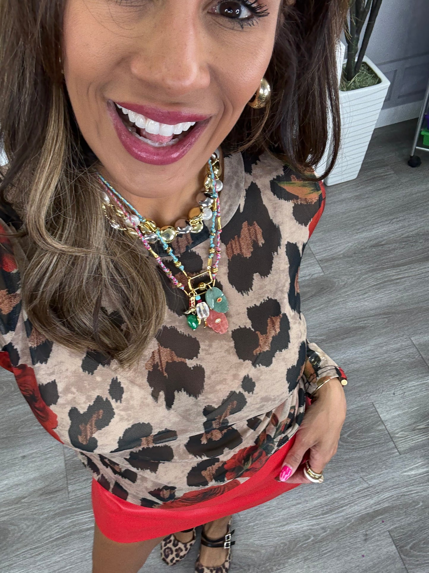 Taupe/Red Leopard Long Sleeve Mesh Top (Reg. and Plus)