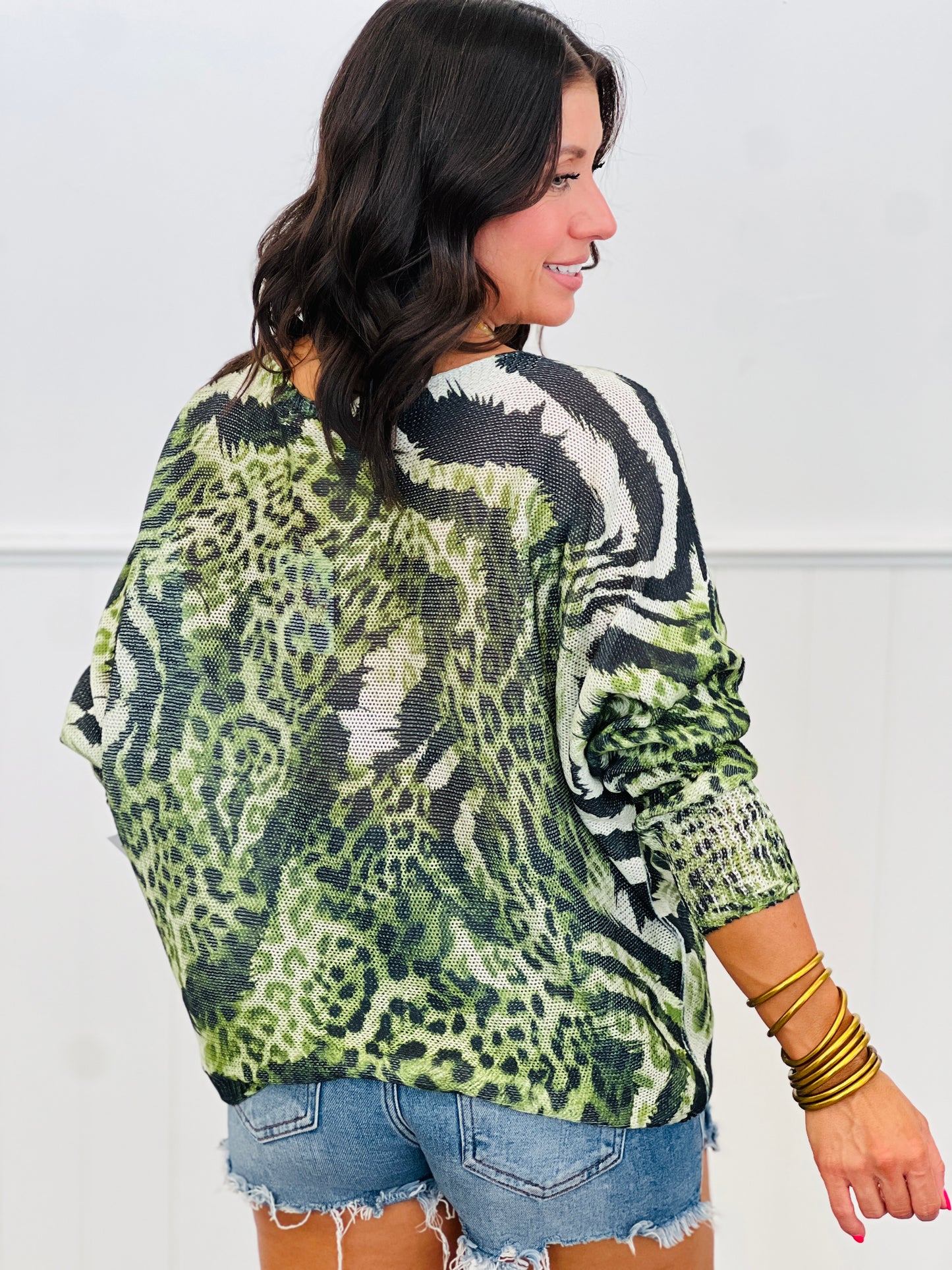 Green Animal Print Knit Sweater (OS)