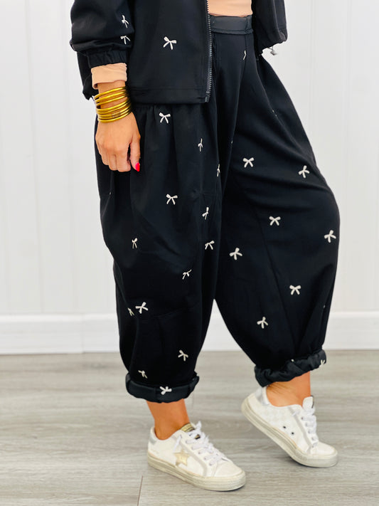 Black Embroidery Bow Barrel Pants (Reg & Plus)