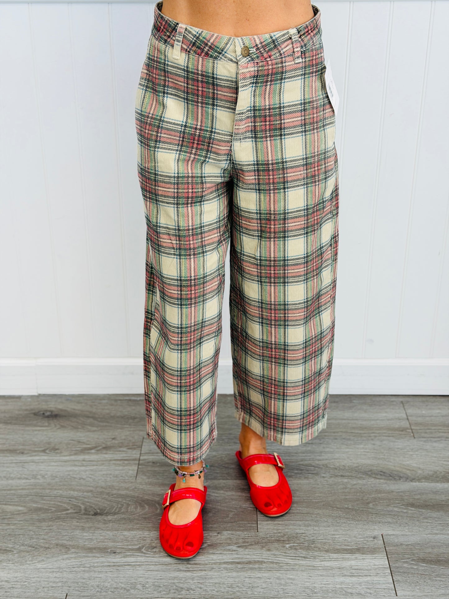 Ecru Tartan Plaid Corduroy Wide Leg Pants (Reg.)