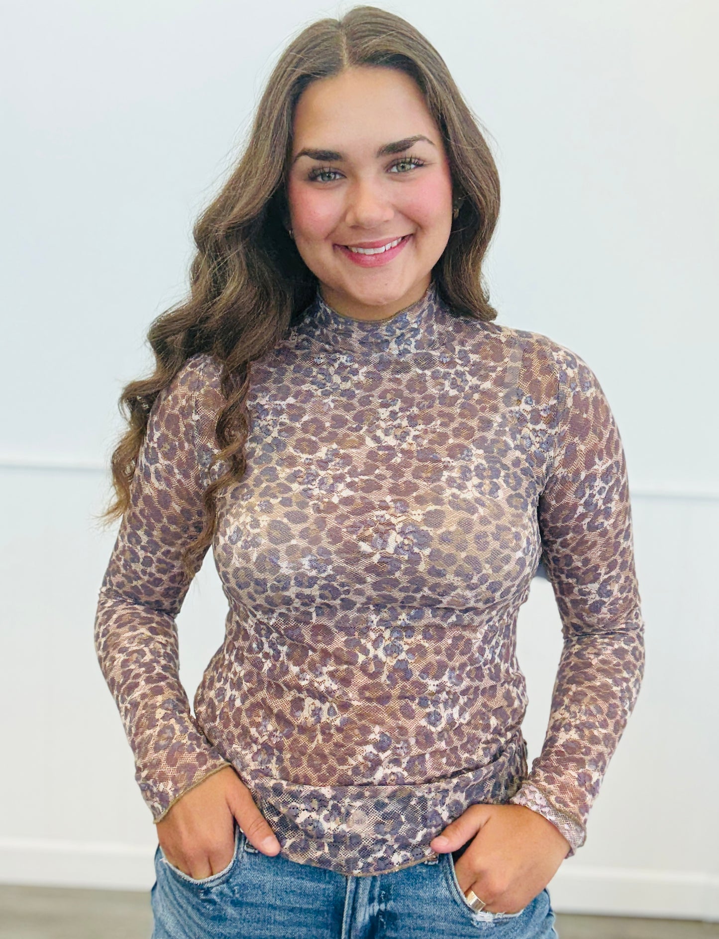 Leopard Print Mock Neck Mesh LS Top (Reg.)
