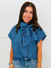 Blue Stripe Tie Bow Neck Blouse (Reg.)
