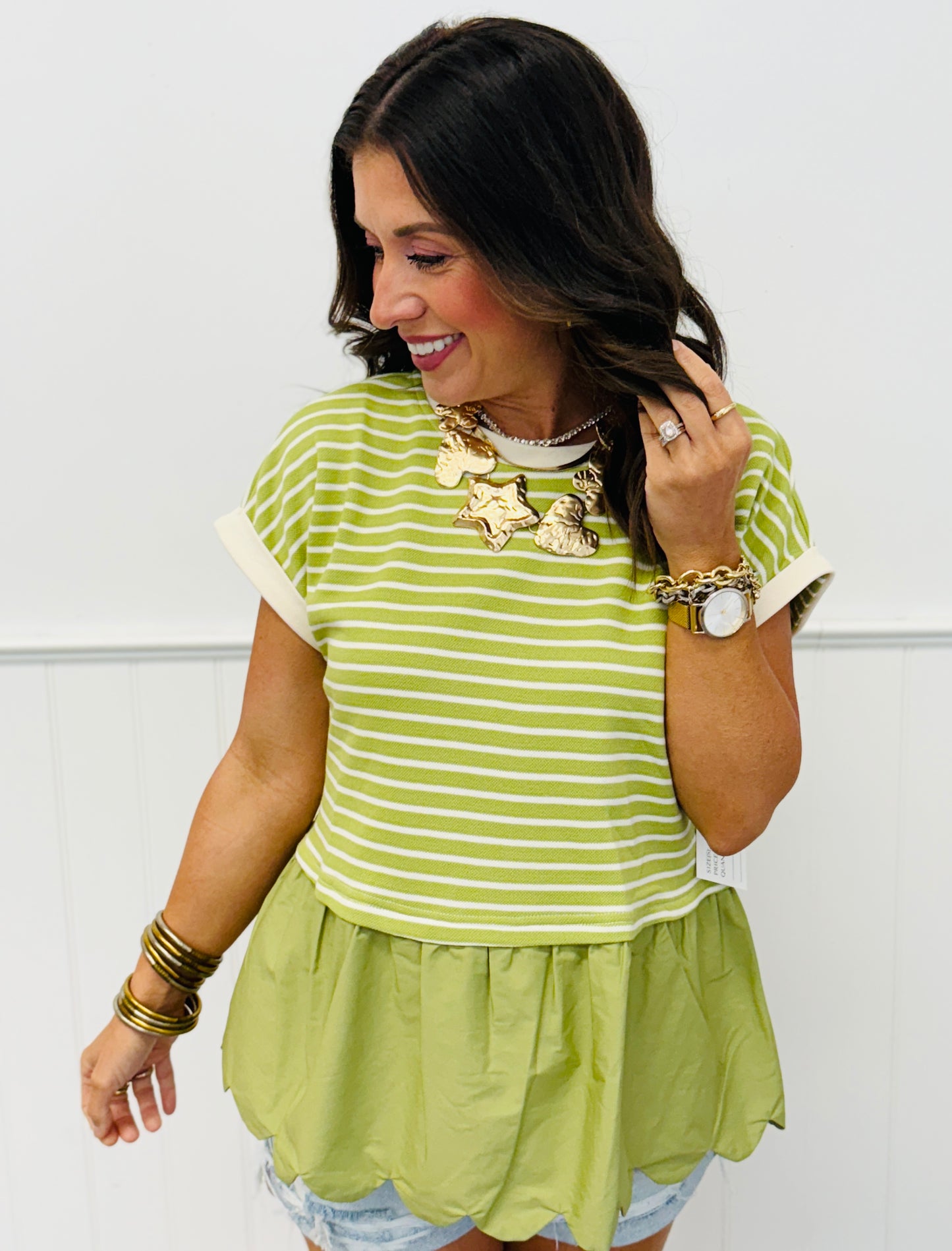 Kiwi Striped Knit Contrast Peplum Top (Reg.)