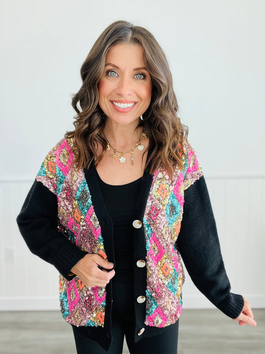 Black Sequin Diamonds Button Up Cardigan (Reg)