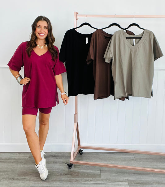 Oversized Reversible Short Sleeve Top (Reg. and Plus) - 4 Colors