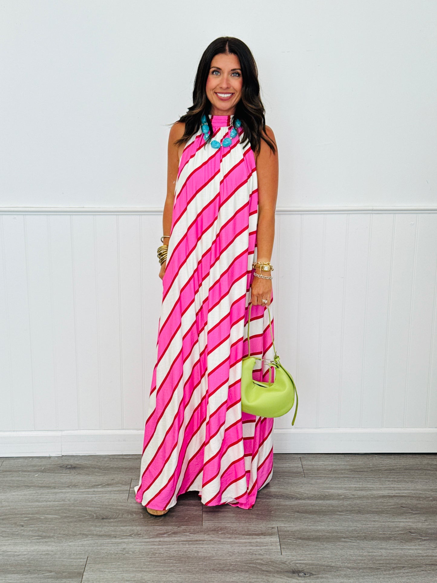 Cream/Pink Diagonal Stripe Maxi Dress (Reg.)