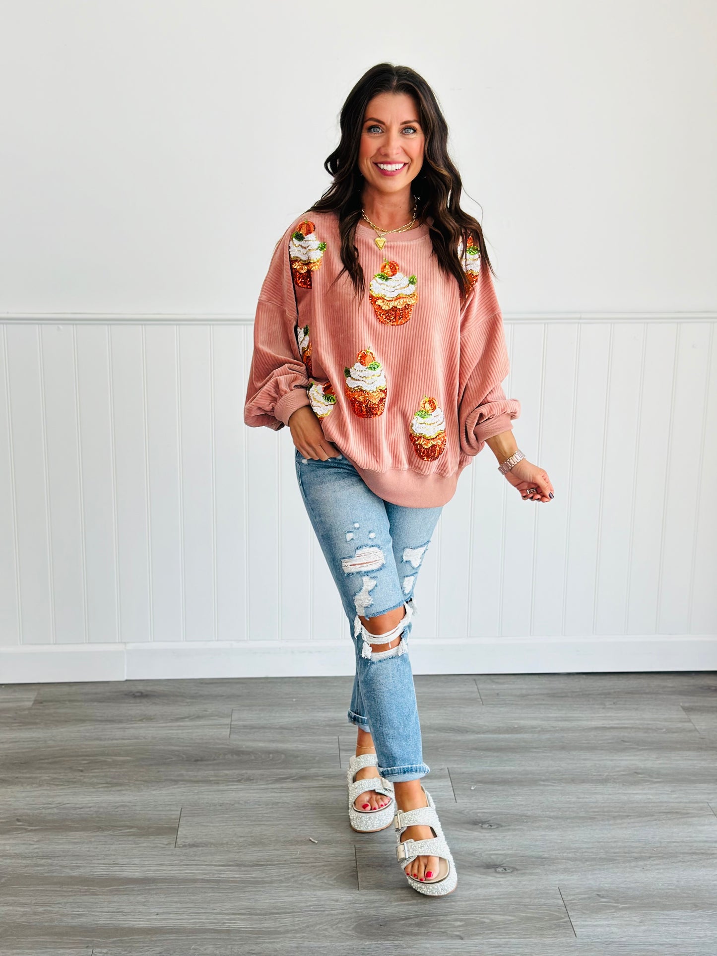 Mauve Corduroy Pumpkin Cupcakes Sweatshirt (Reg)