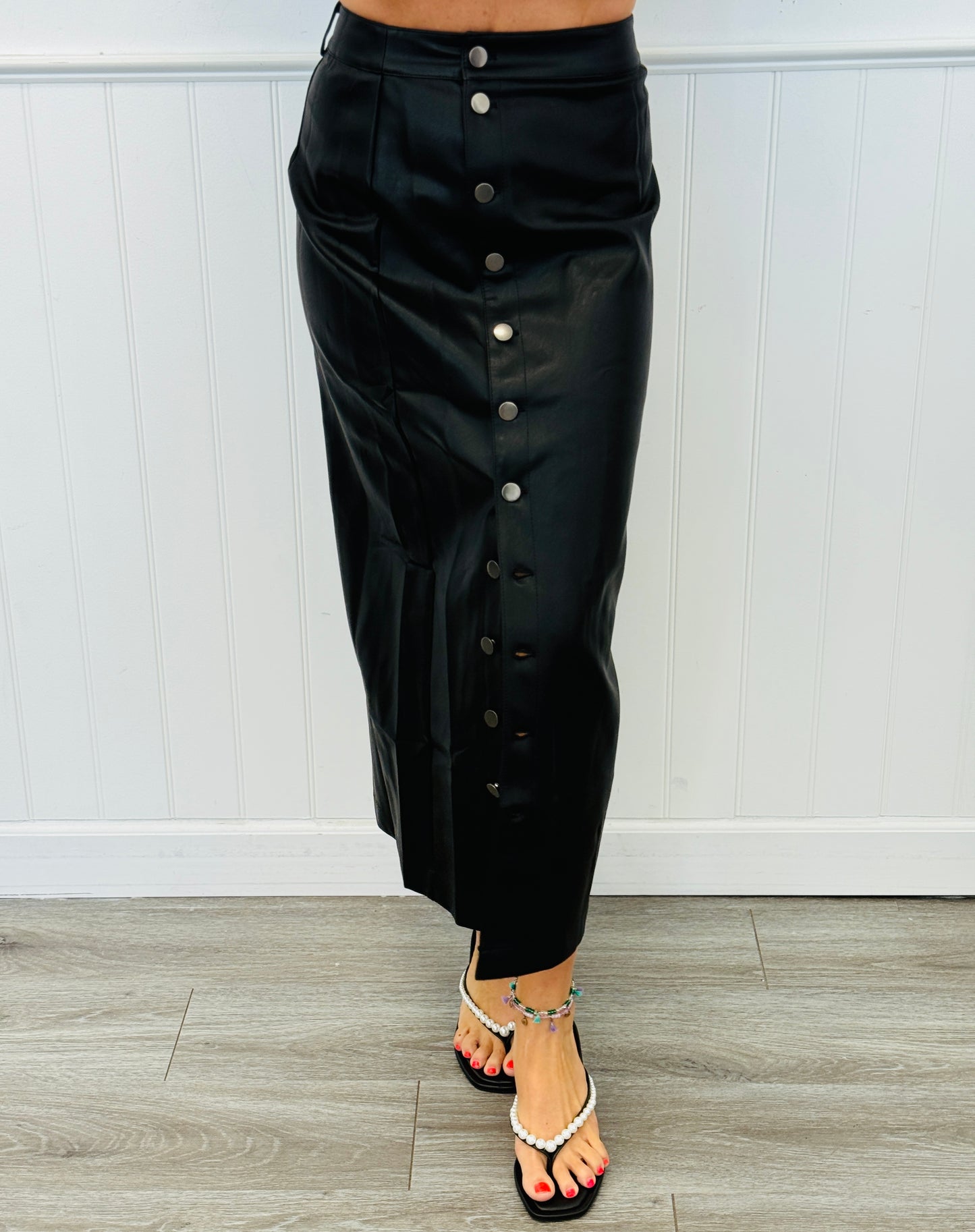 Black Faux Leather Button Down Midi Skirt (Reg)