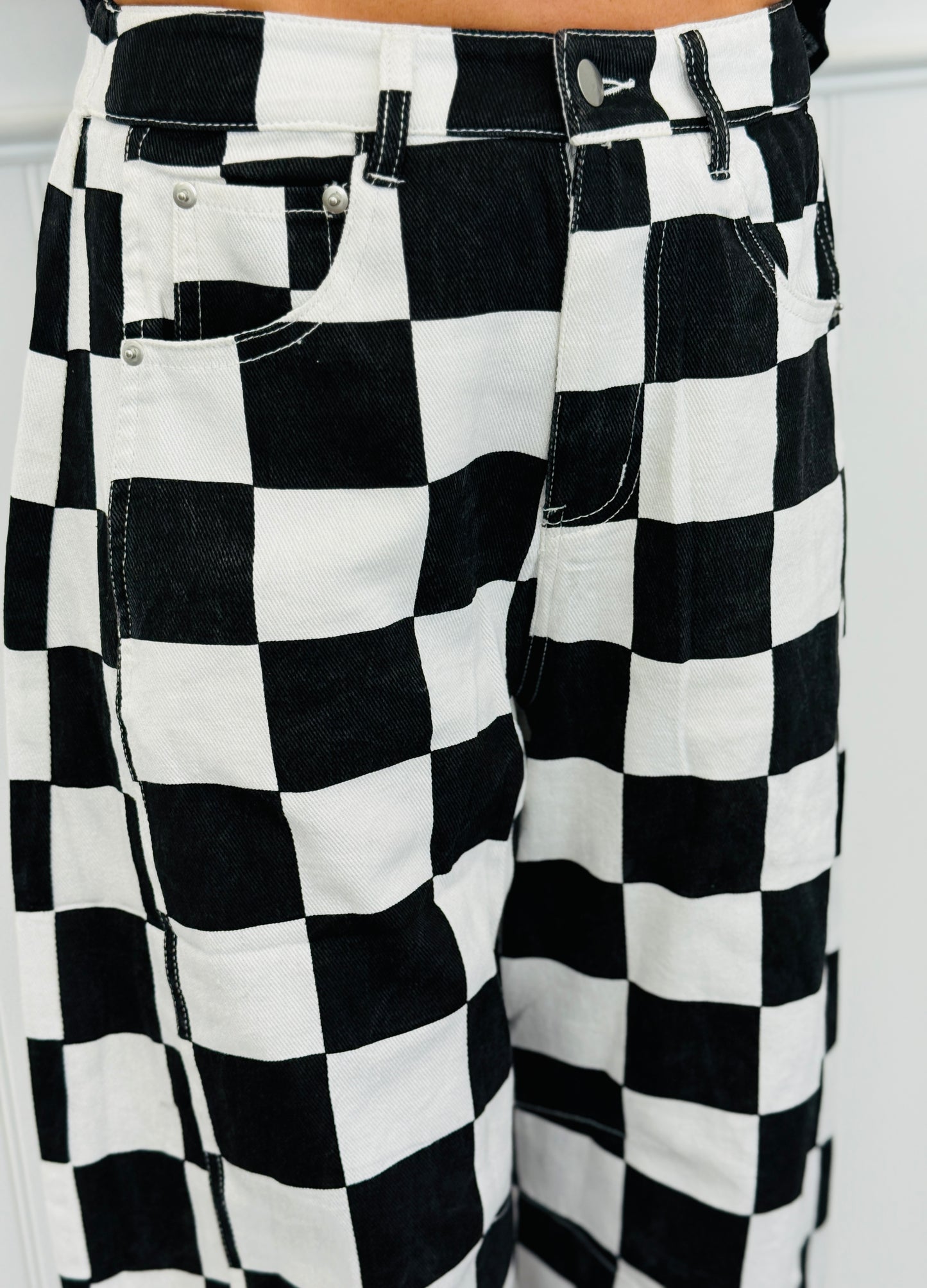 Black Checkered Print Barrel Pants (Reg. and Plus)