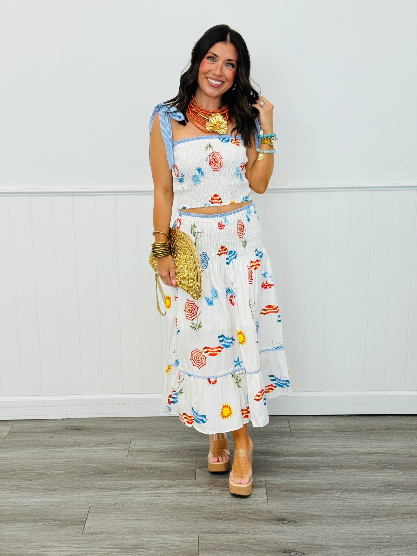 Off White Multi Beach Print Midi Skirt (Reg.)