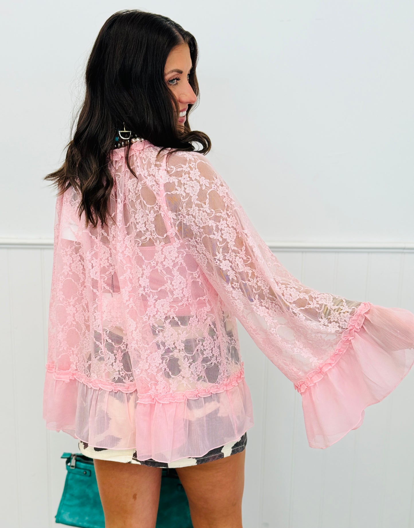 Pink Lace Long Sleeve Blouse (Reg. and Plus)