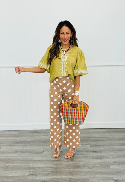 Camel/White High Rise Polka Dot Pants (Reg & Plus)