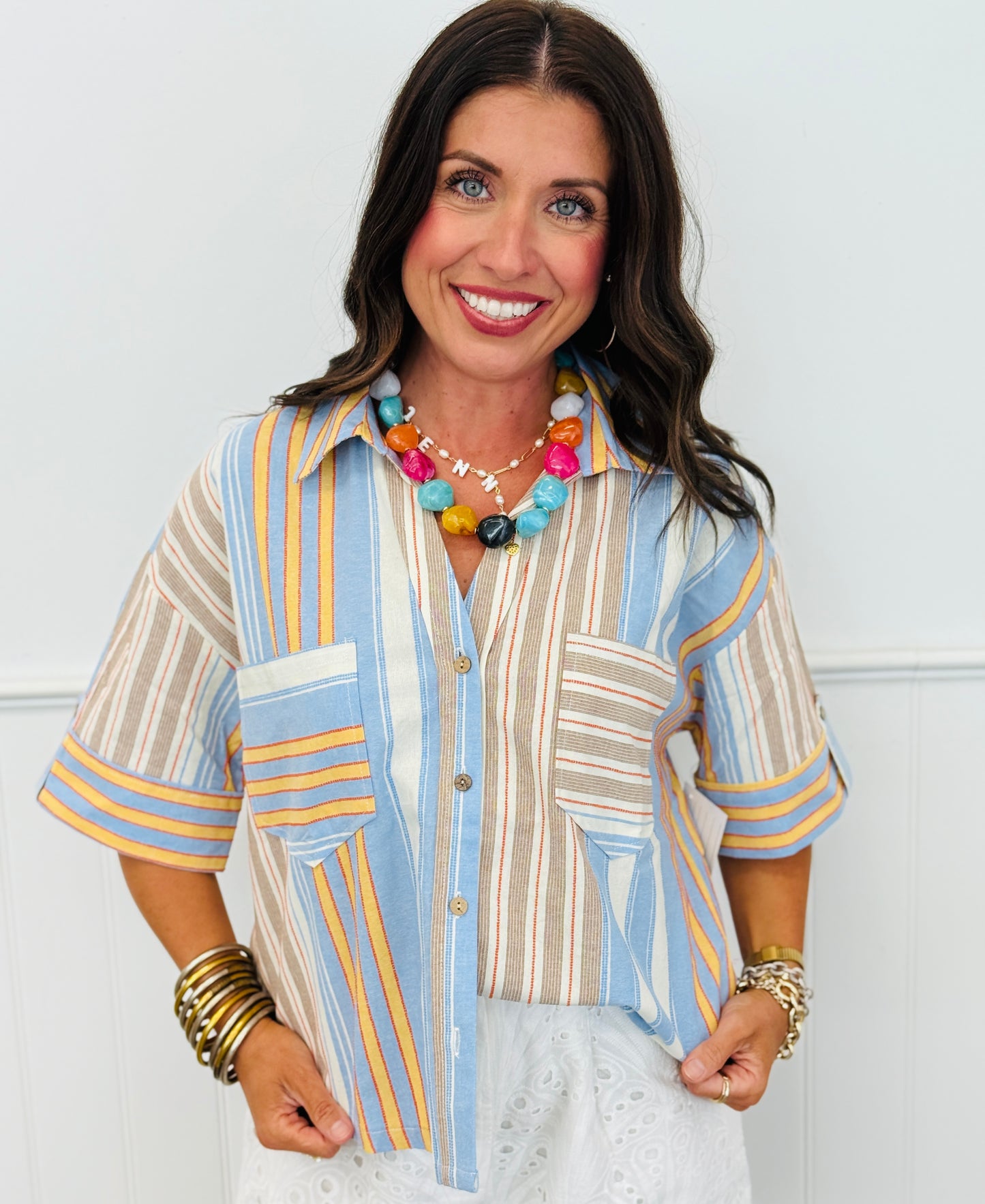 Blue Multi Stripe Button Down Shirt (Reg. and Plus)