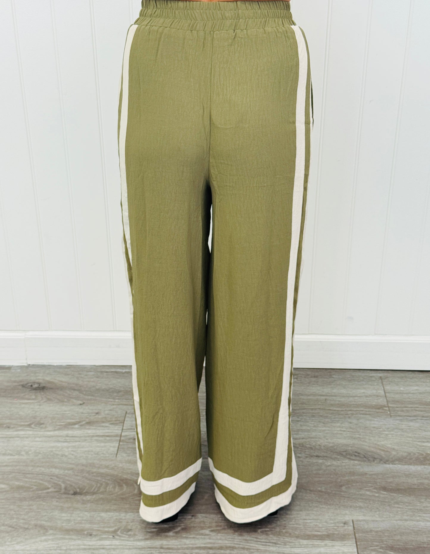 Olive Contrast Stripe Shirt & Pants Set (Reg & Plus)
