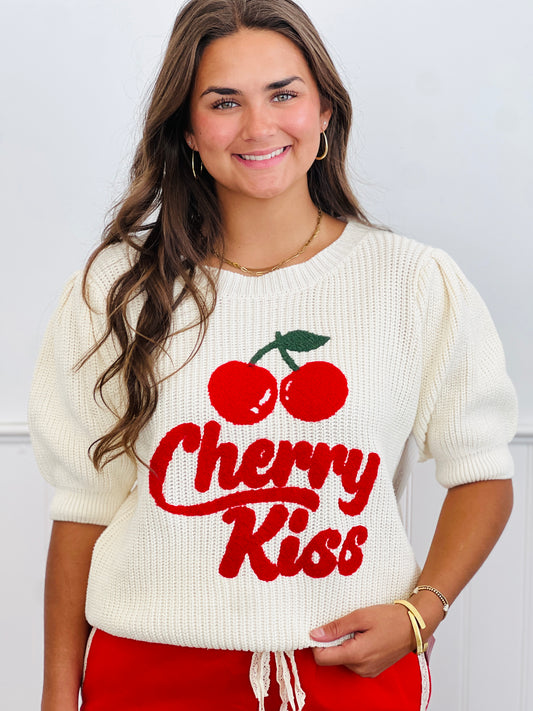 Cherry Graphic Short Sleeve Sweater Top (Reg. and Plus)