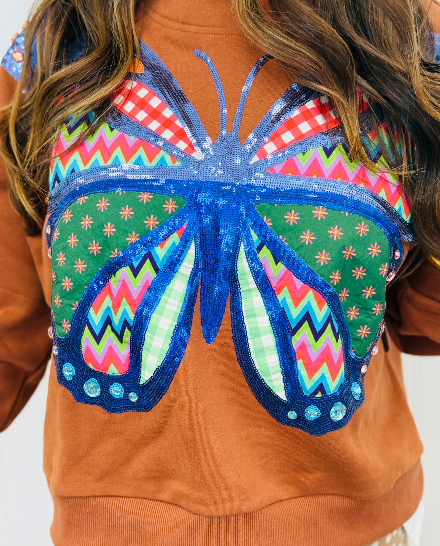 Queen Of Sparkles Brown Patchwork Butterfly Mock Neck Sweatshirt (Reg. and Plus)