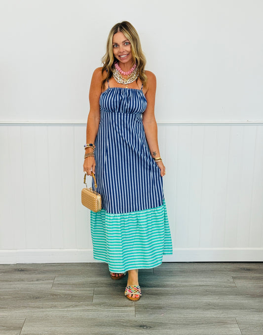 Navy Blue Striped Back Bow Tie Midi Dress (Reg.)
