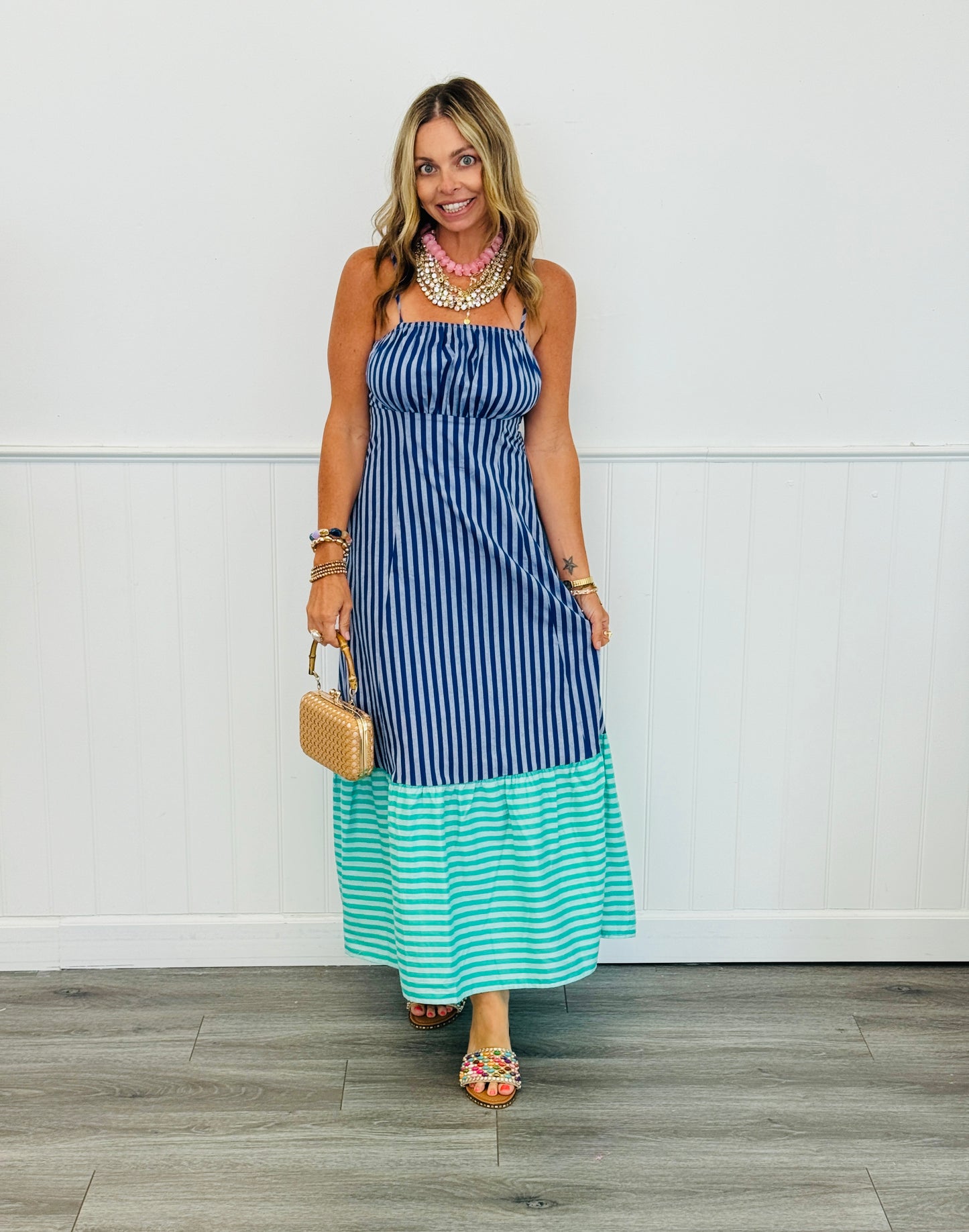 Navy Blue Striped Back Bow Tie Midi Dress (Reg.)