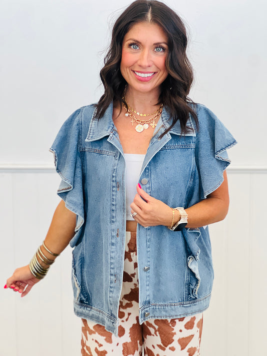 Denim Flutter Sleeve Blouse (Reg. & Plus)
