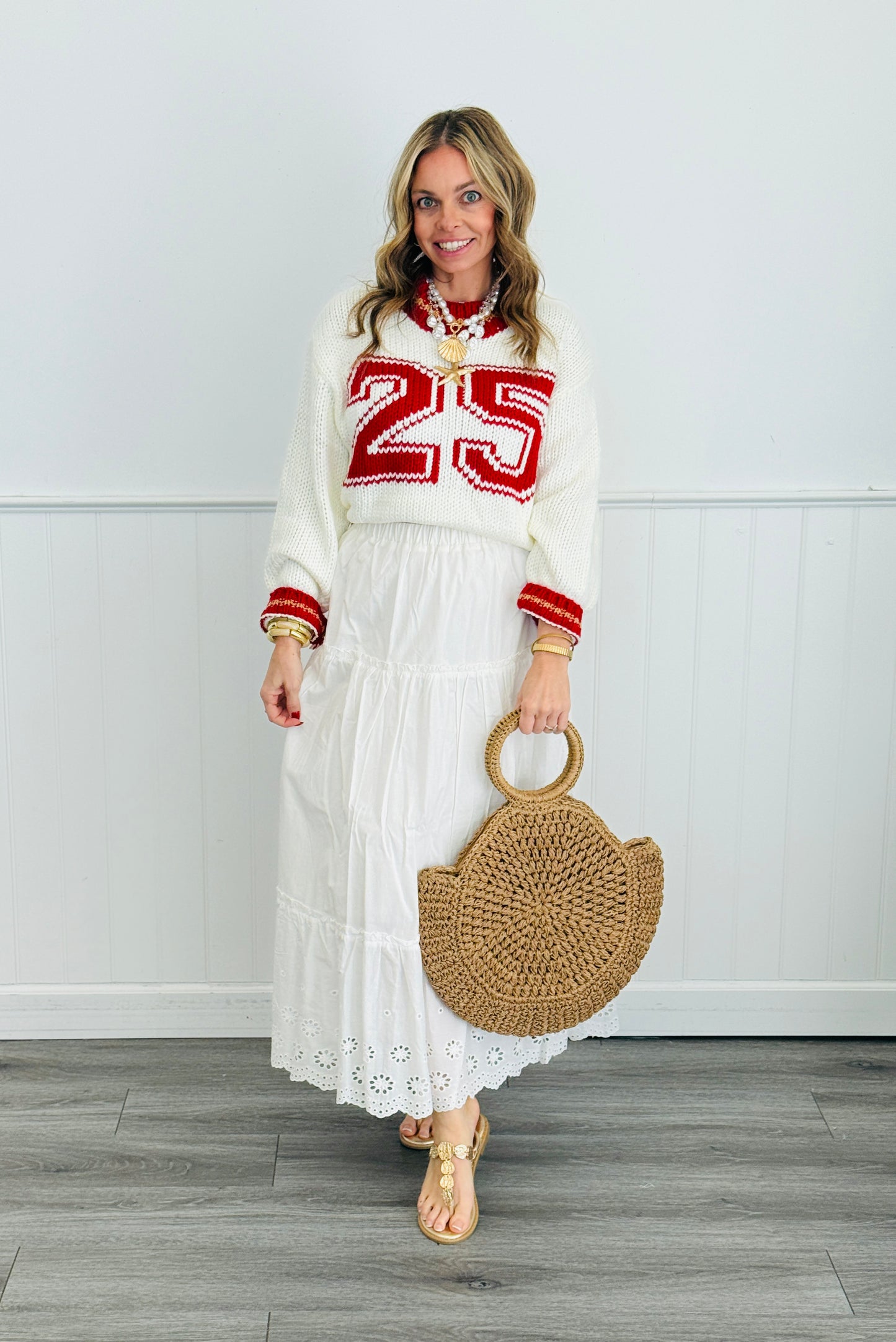 White Eyelet Trim Midi Skirt (Reg.)