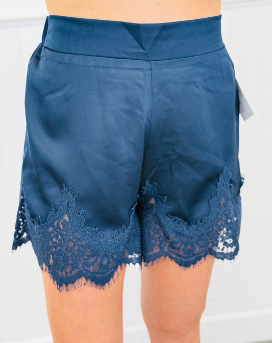 Navy Satin Lace Trim Shorts ( Reg.)