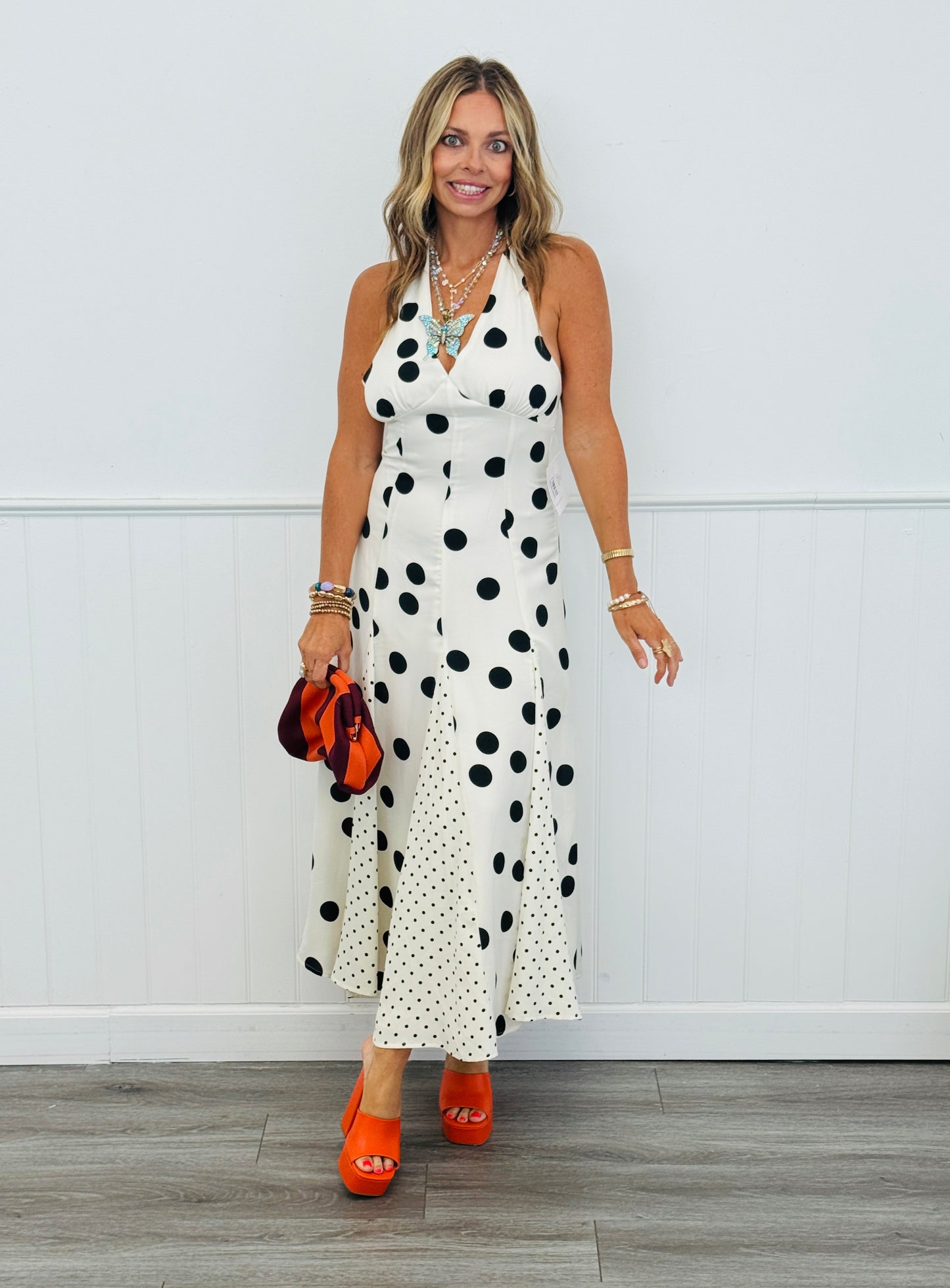 Off White/Black Mixed Polka Dot Maxi Dress ( Reg.)