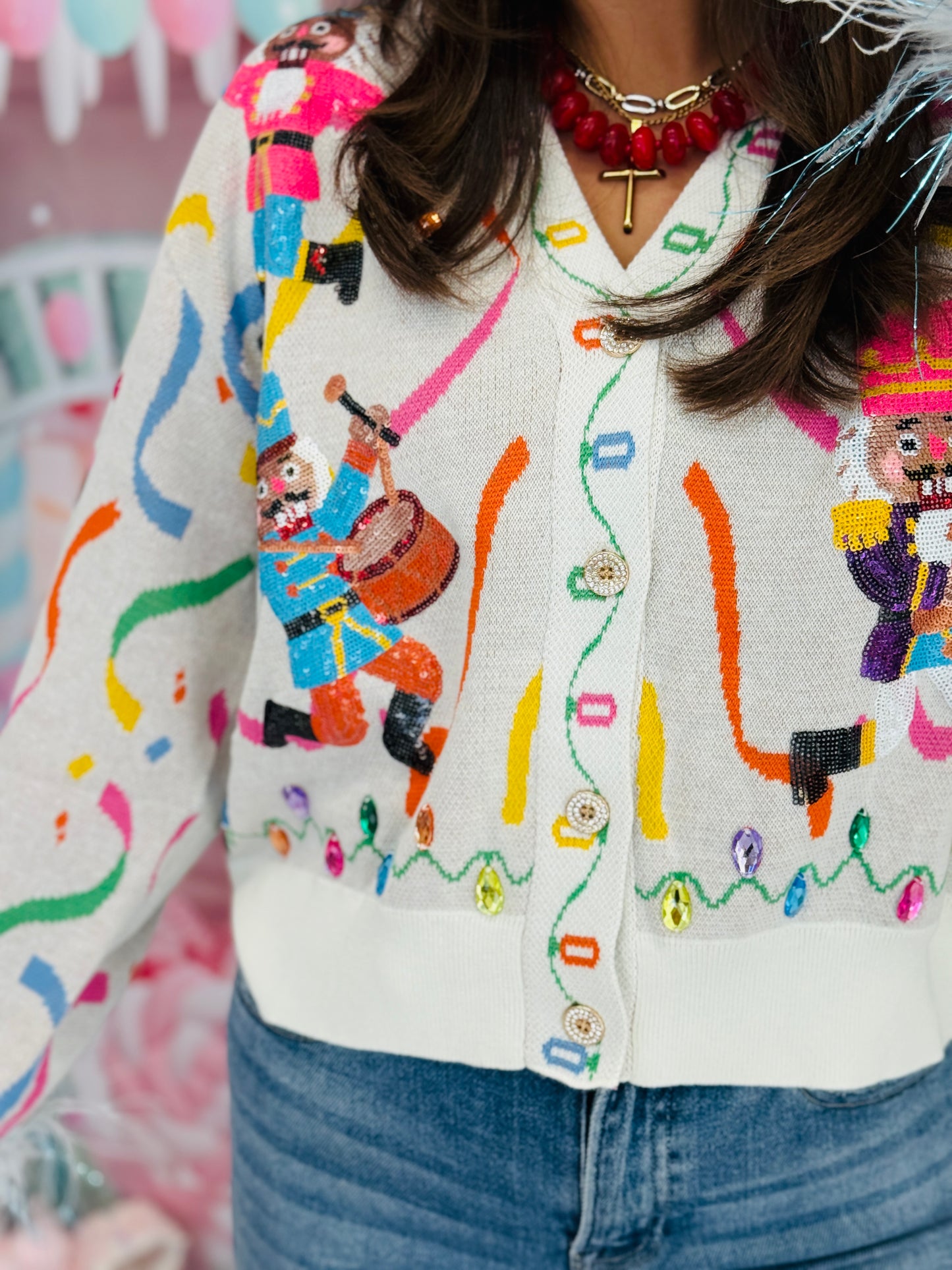 Queen Of Sparkles Multi Drummin Nutcracker Button Up Feather Sleeve Cardigan (Reg. & Plus)