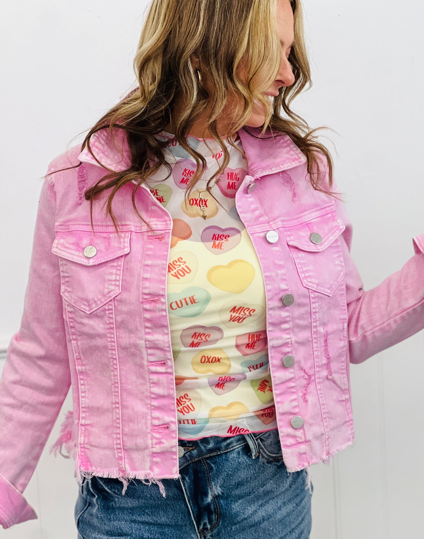 Risen Pink Frayed Hem Jean Jacket (Reg & Plus)