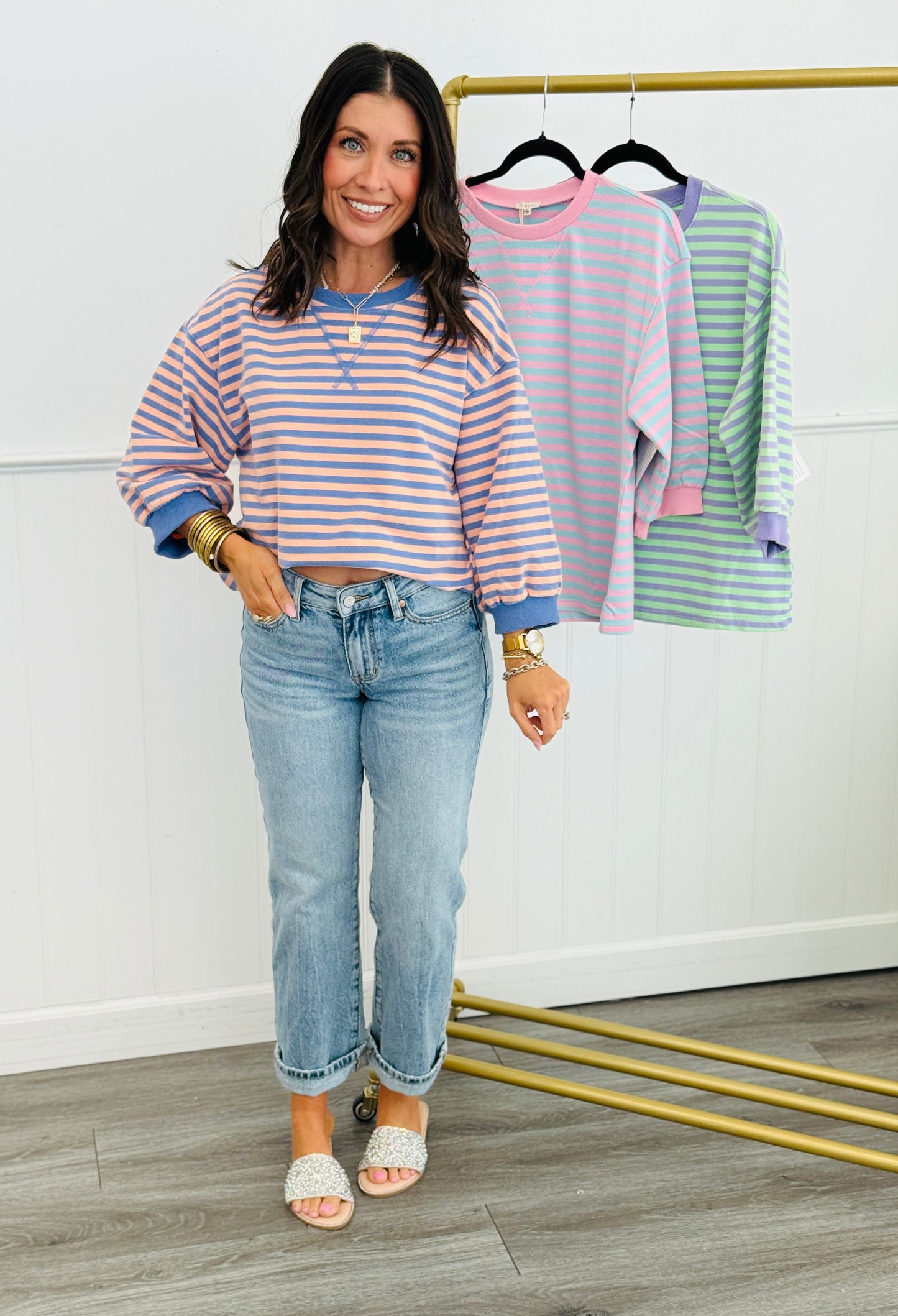 Striped Cross V Stitch Pullover Top (Reg.)-3 Colors