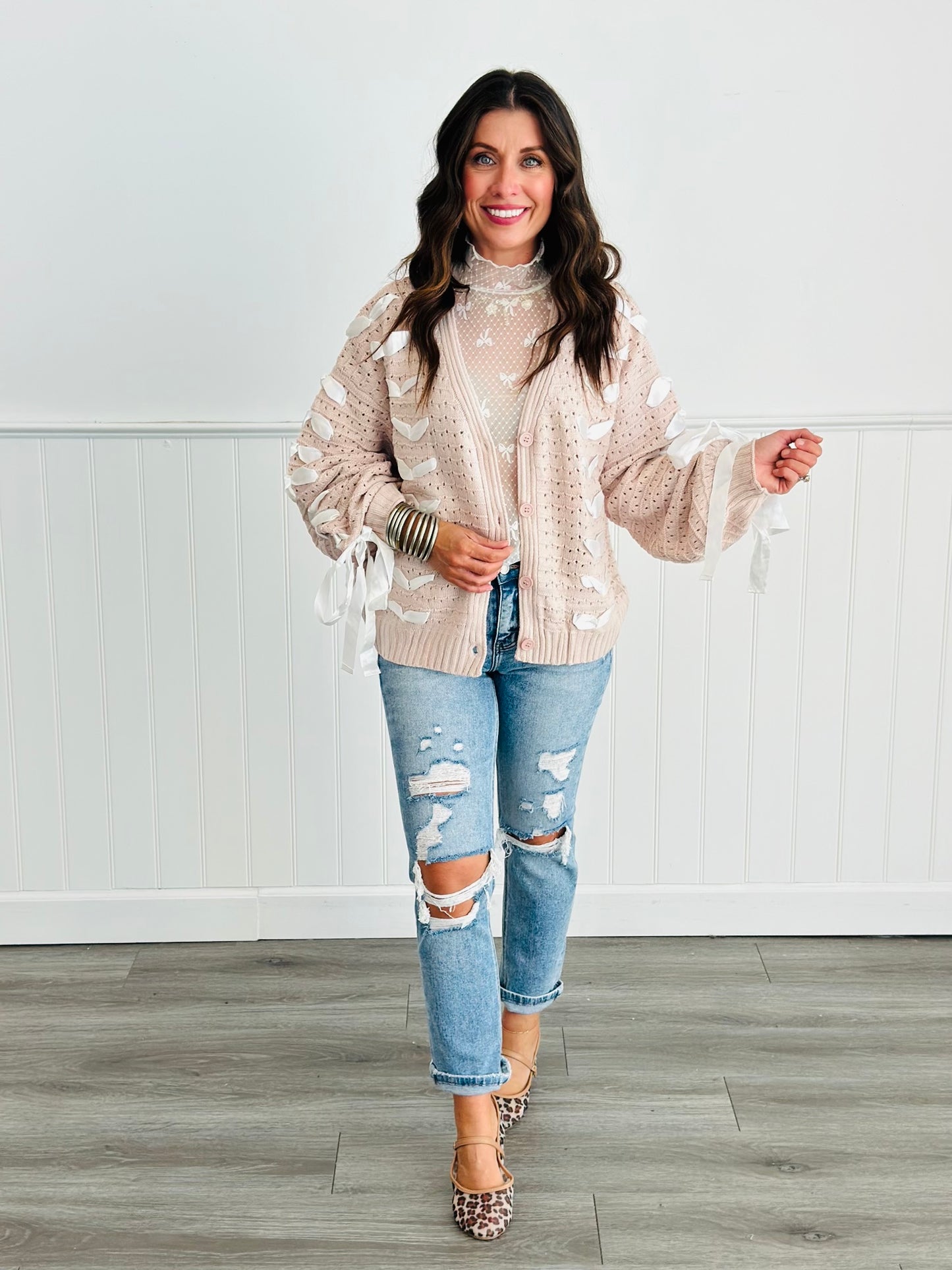 Beige Bow Balloon Sleeve Cardigan (Reg. and Plus)