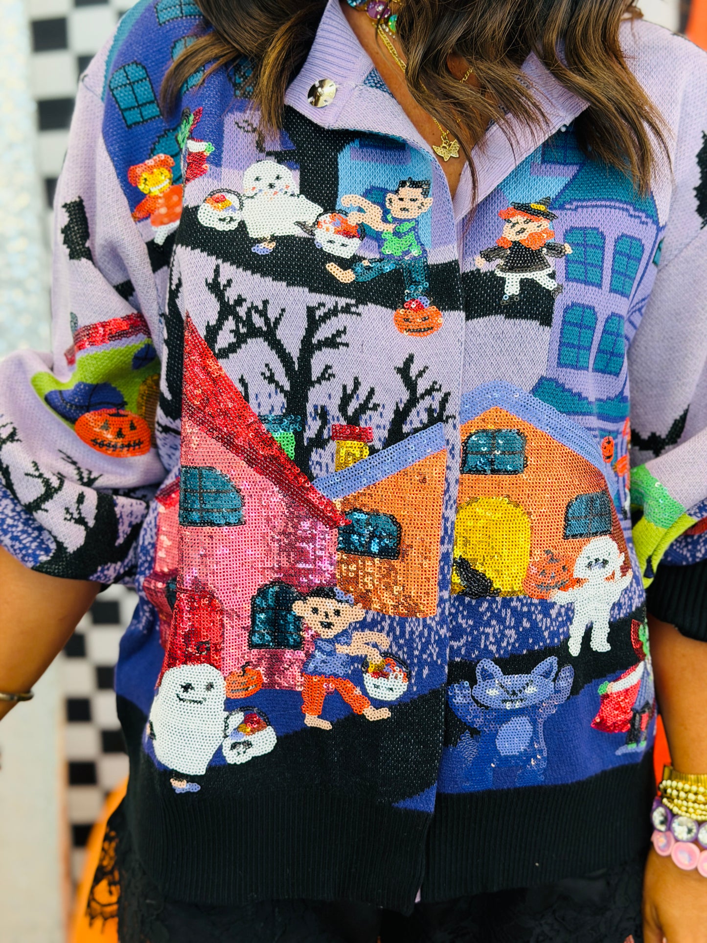 Queen Of Sparkles Lavender Multi Trick or Treating Scene Cardigan (Reg. and Plus)