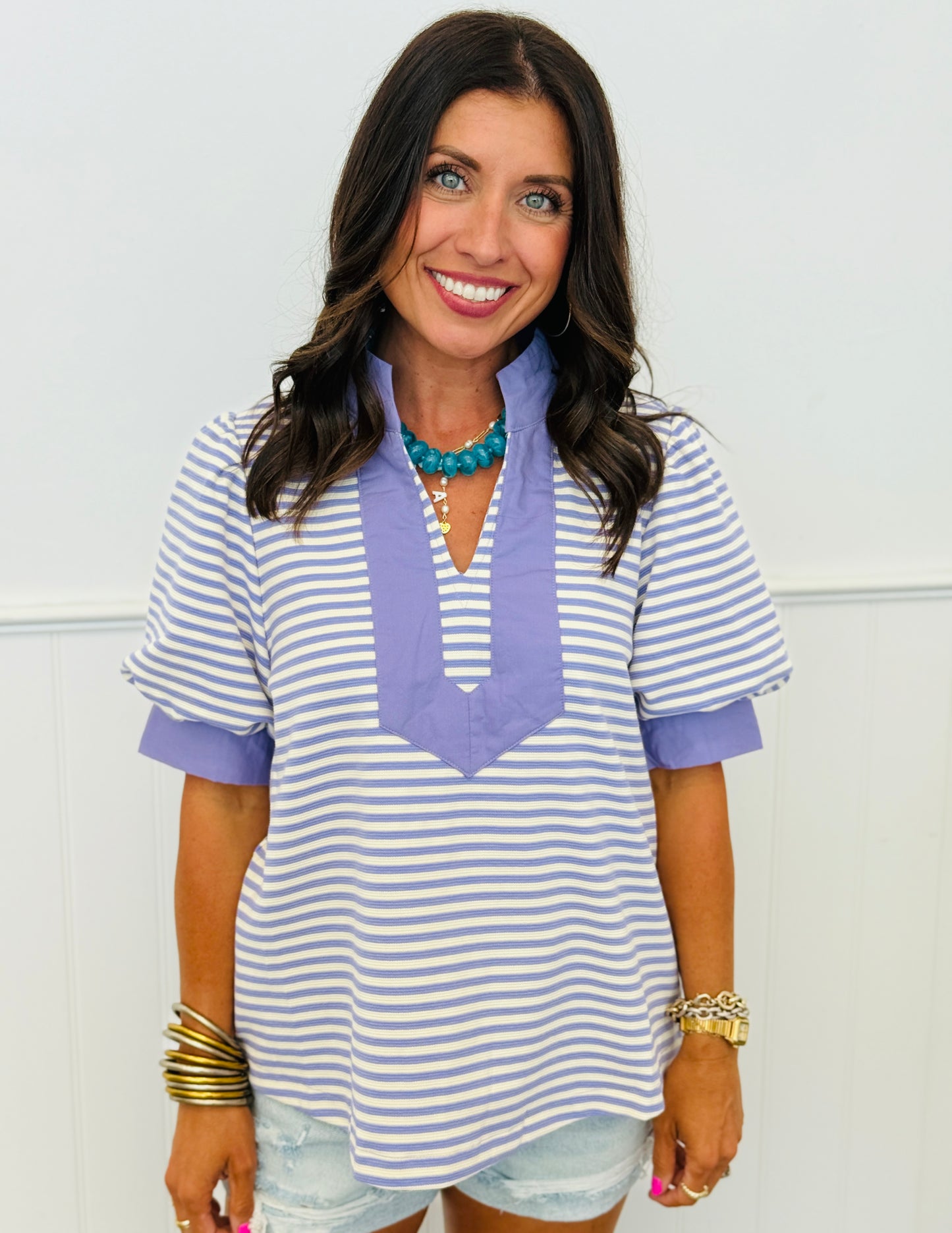 Striped Contrast Trim Puff Sleeve Top (Reg.) - 2 Colors
