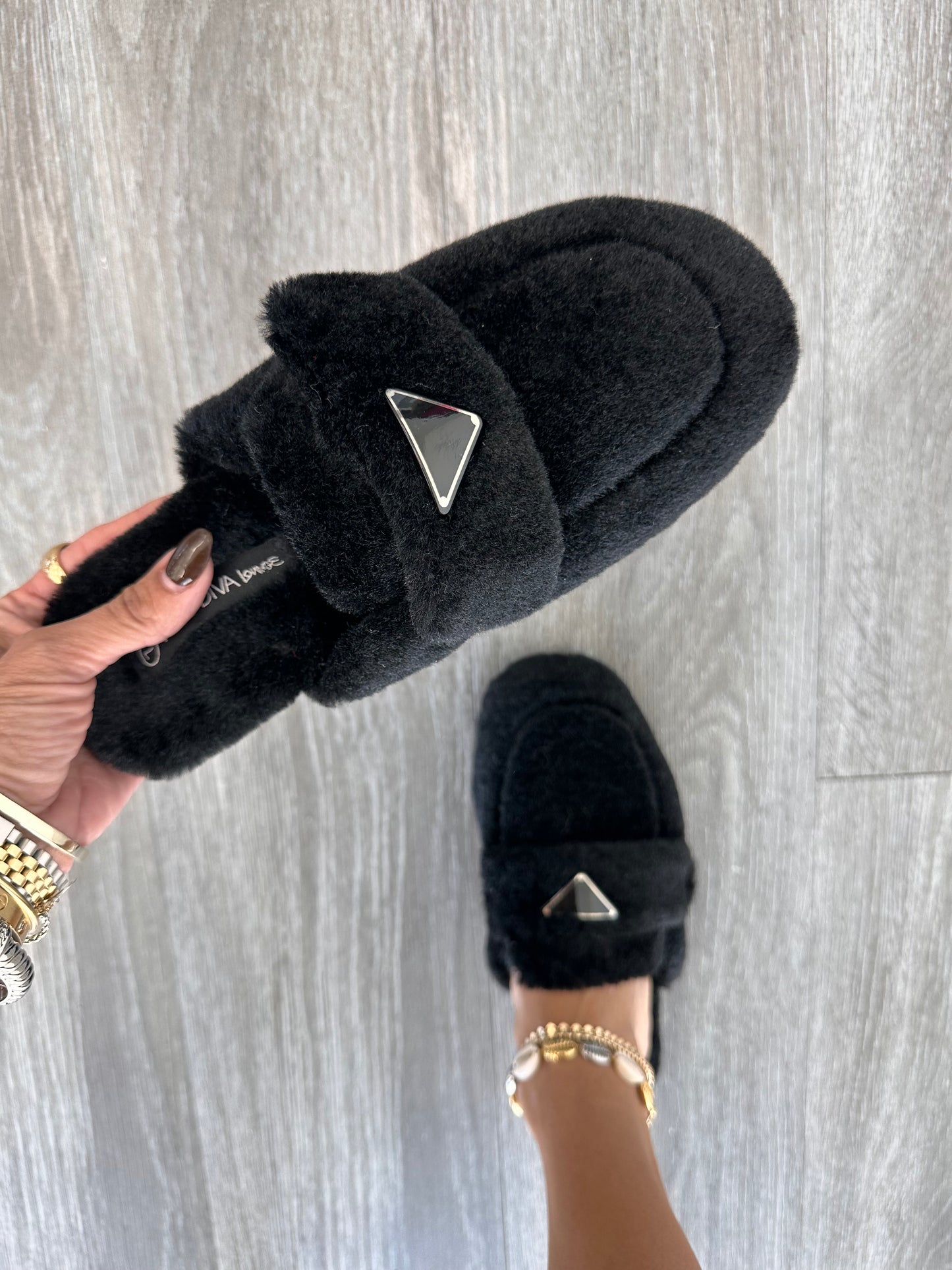 Black Fabulous Faux Fur Slip On Mule