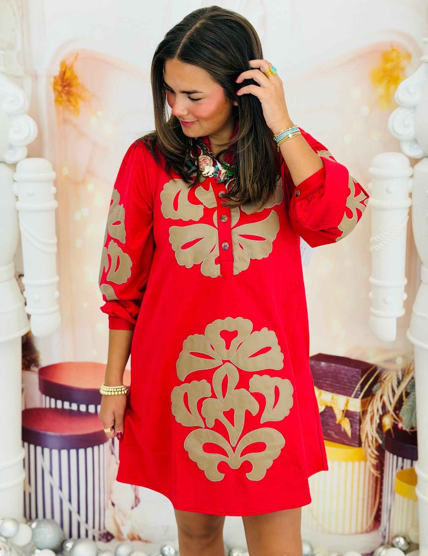 Red Embroidered Faux Leather Applique Mini Dress (Reg.)