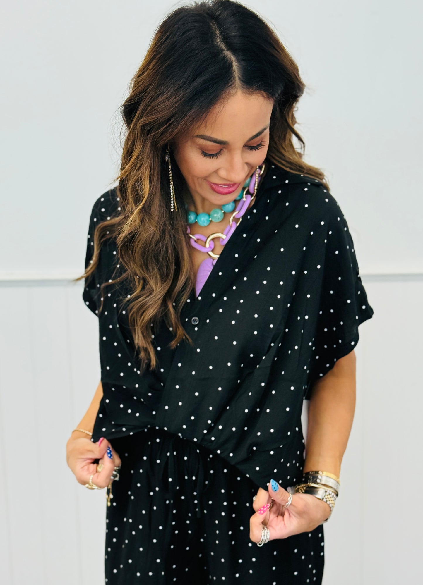 Black White Dot Wrap Blouse (Reg.)