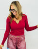 Maroon Ribbed Square Neck LS Top (Reg. and Plus)
