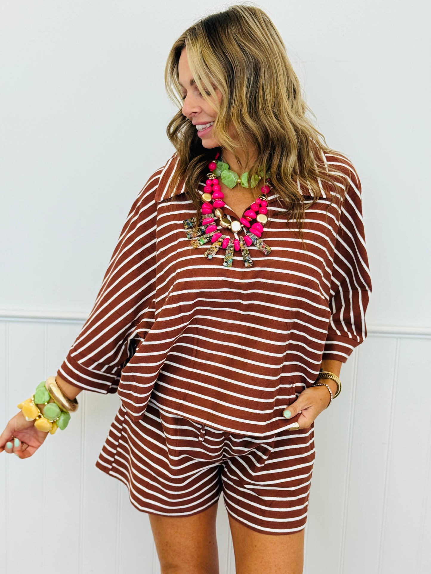 Brown Striped Top & Shorts Set (Reg & Plus)