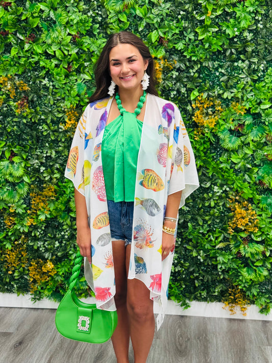 White Multicolor Fish Kimono (One Size)