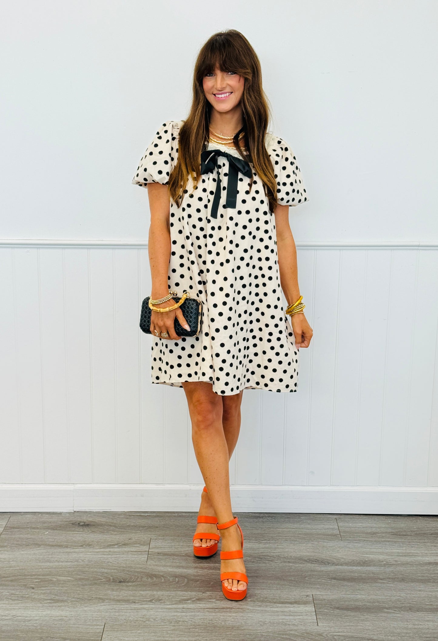 Polka Dot Ribbon Puff Sleeves Mini Dress (Reg.)