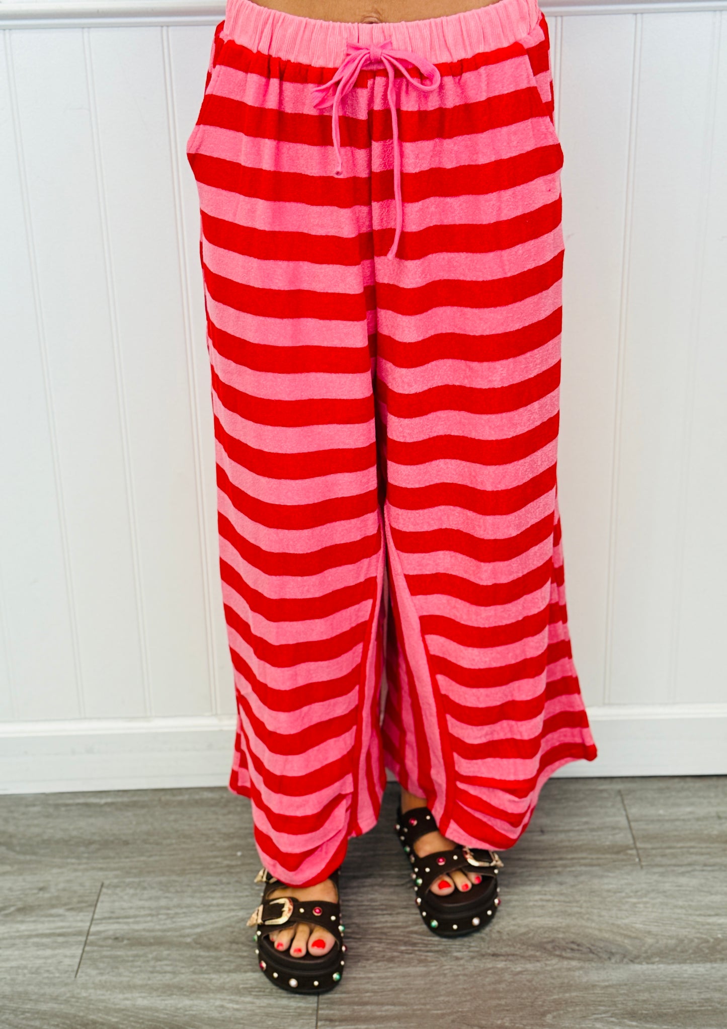 Pink/Red Striped French Terry Top & Pants Set (Reg. and Plus)