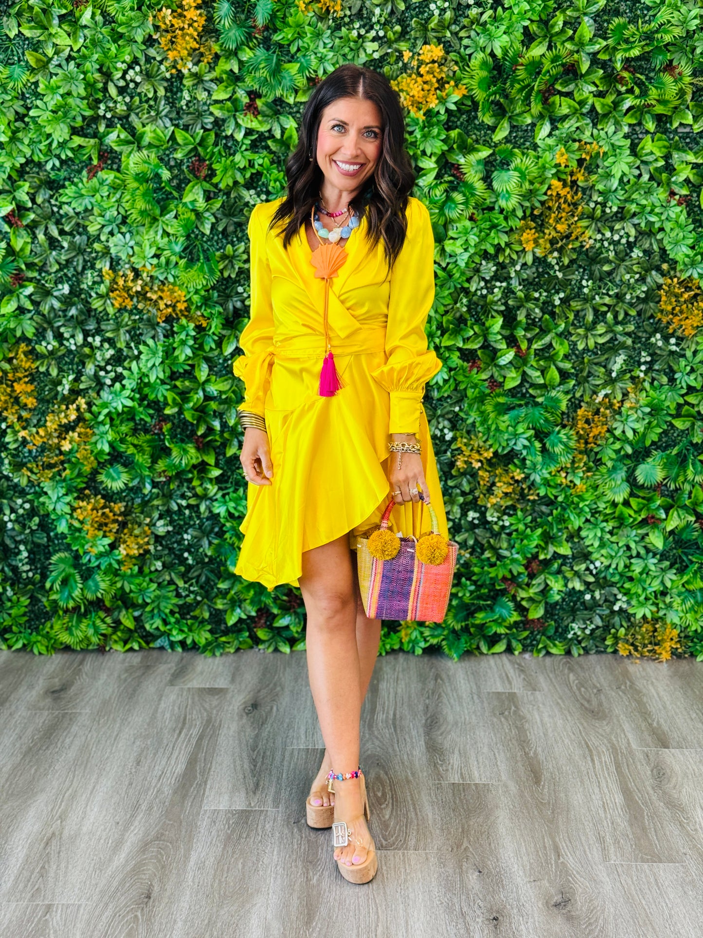 Bright Yellow Satin Side Wrap Mini Dress (Reg.)