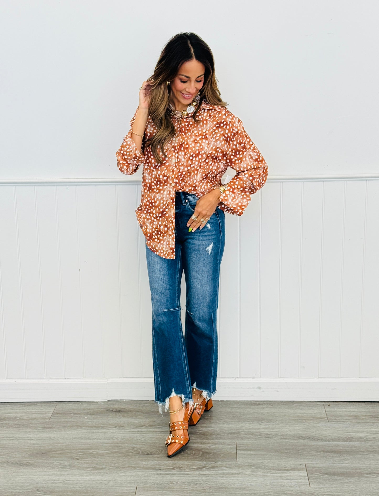 WR Deer Print Kathryn Button Up Top (Reg. and Plus)