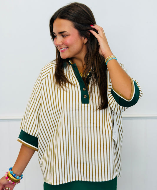 Off White/Olive Vertical Striped Polo Top (Reg. and Plus)