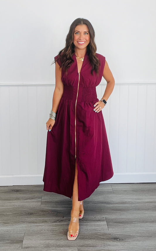 Merlot V-Neck Smocked Waist Sleeveless Midi Dress (Reg. & Plus)