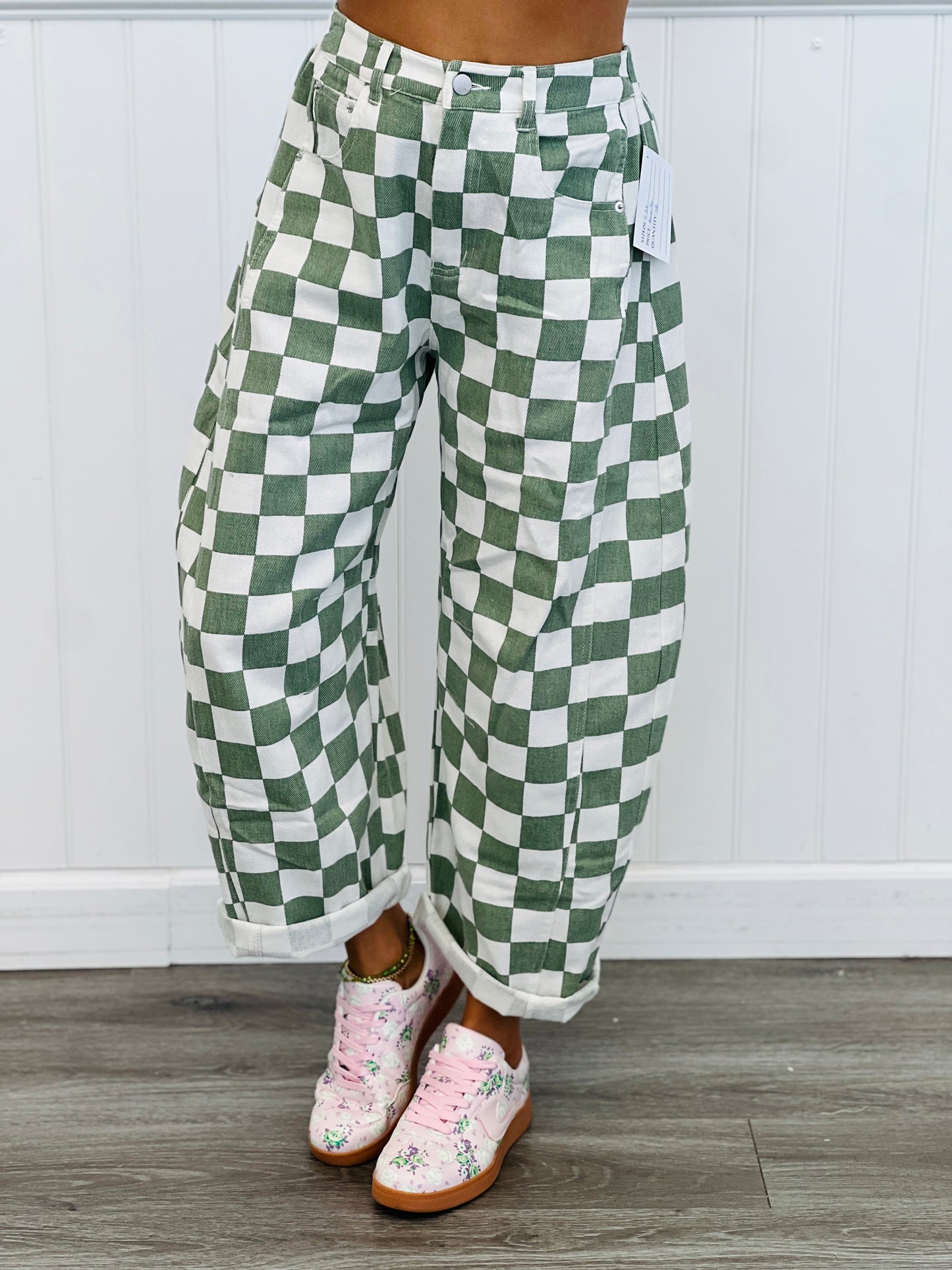 Sage Checkered Print Denim Barrel Pants (Reg & Plus
