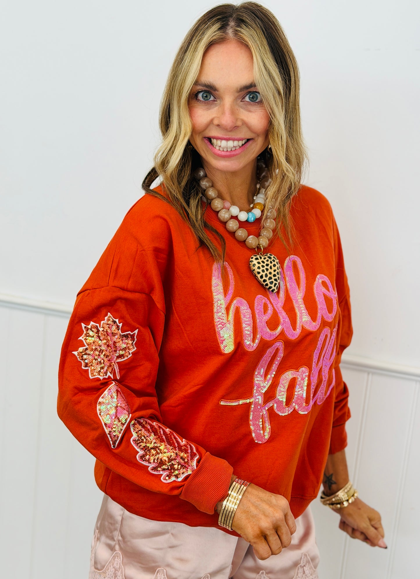 Orange Hello Fall Sequin LS Top (Reg. and Plus)