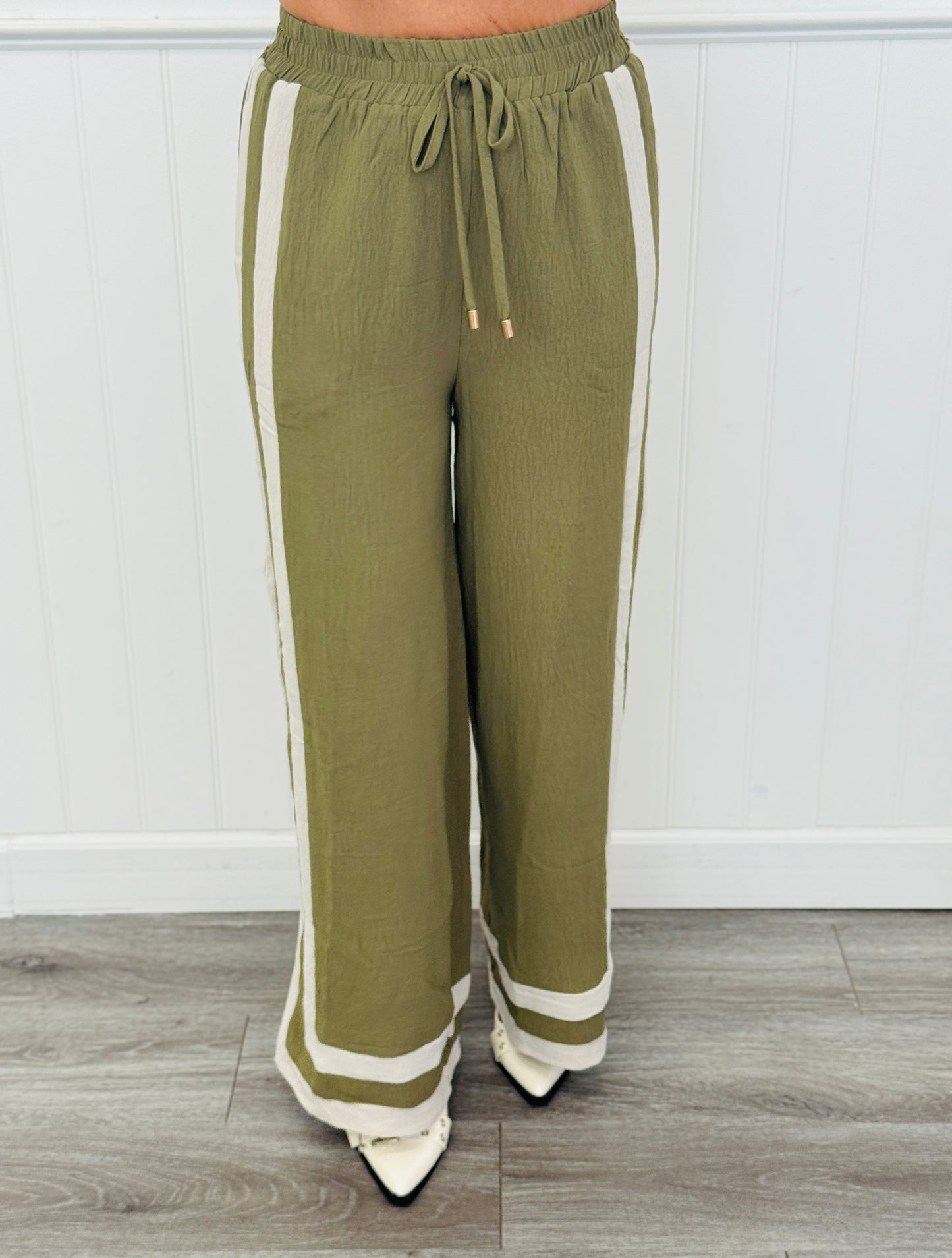 Olive Contrast Stripe Shirt & Pants Set (Reg & Plus)