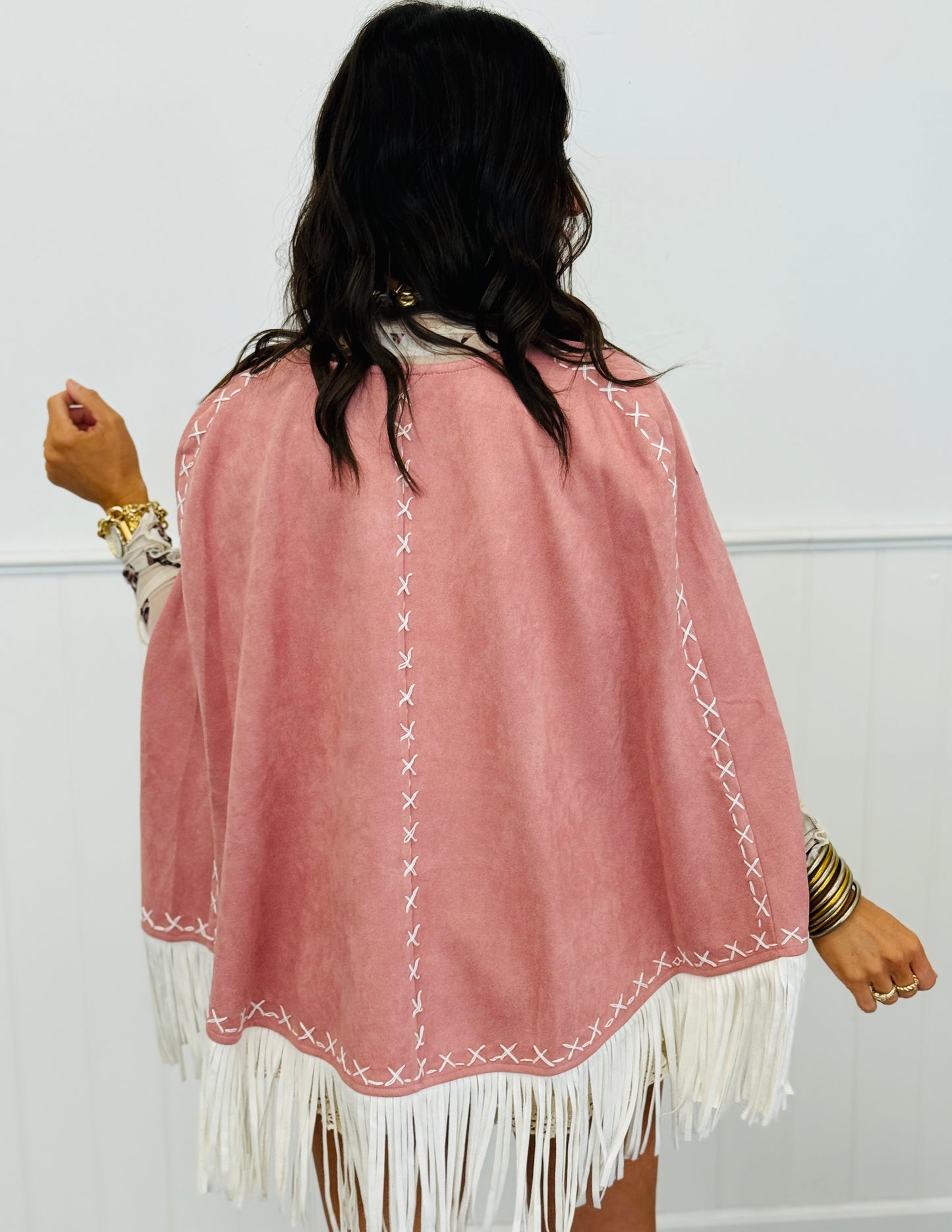 Pink Fringe Detail Open Cape Jacket (Reg.)