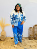 Ivory-Blue Satin Palm Trees Blouse (Reg. & Plus)