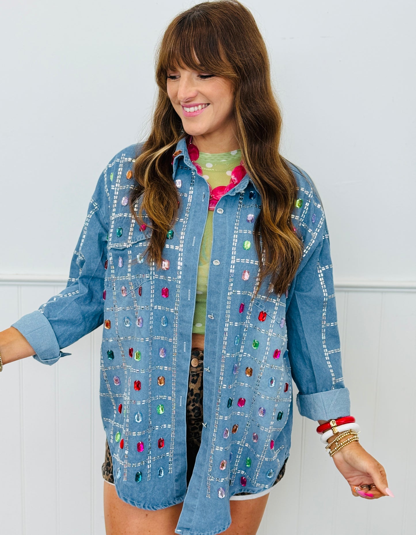 Denim Multi Crystal & Rhinestone Shacket (One Size)